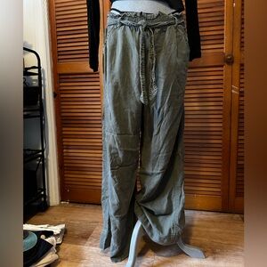 Knox Rose Paper Bag Tie Waist Wide Leg Pants in Ash Sage Green